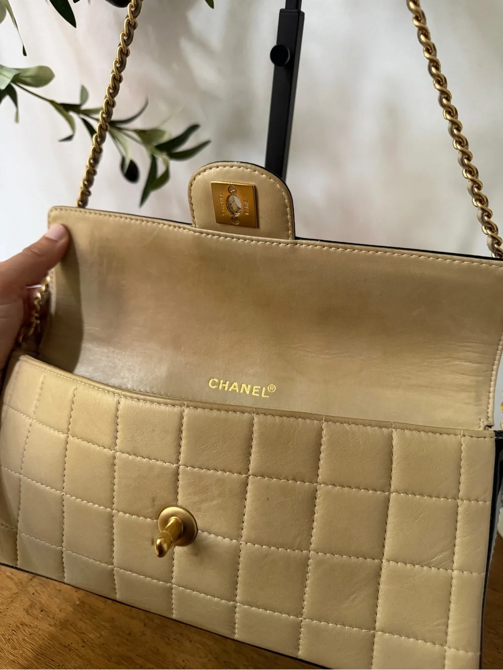 AUTH CHANEL E/W Chocolate Bar Lambskin Leather Shoulder Bag Black Patent Trim